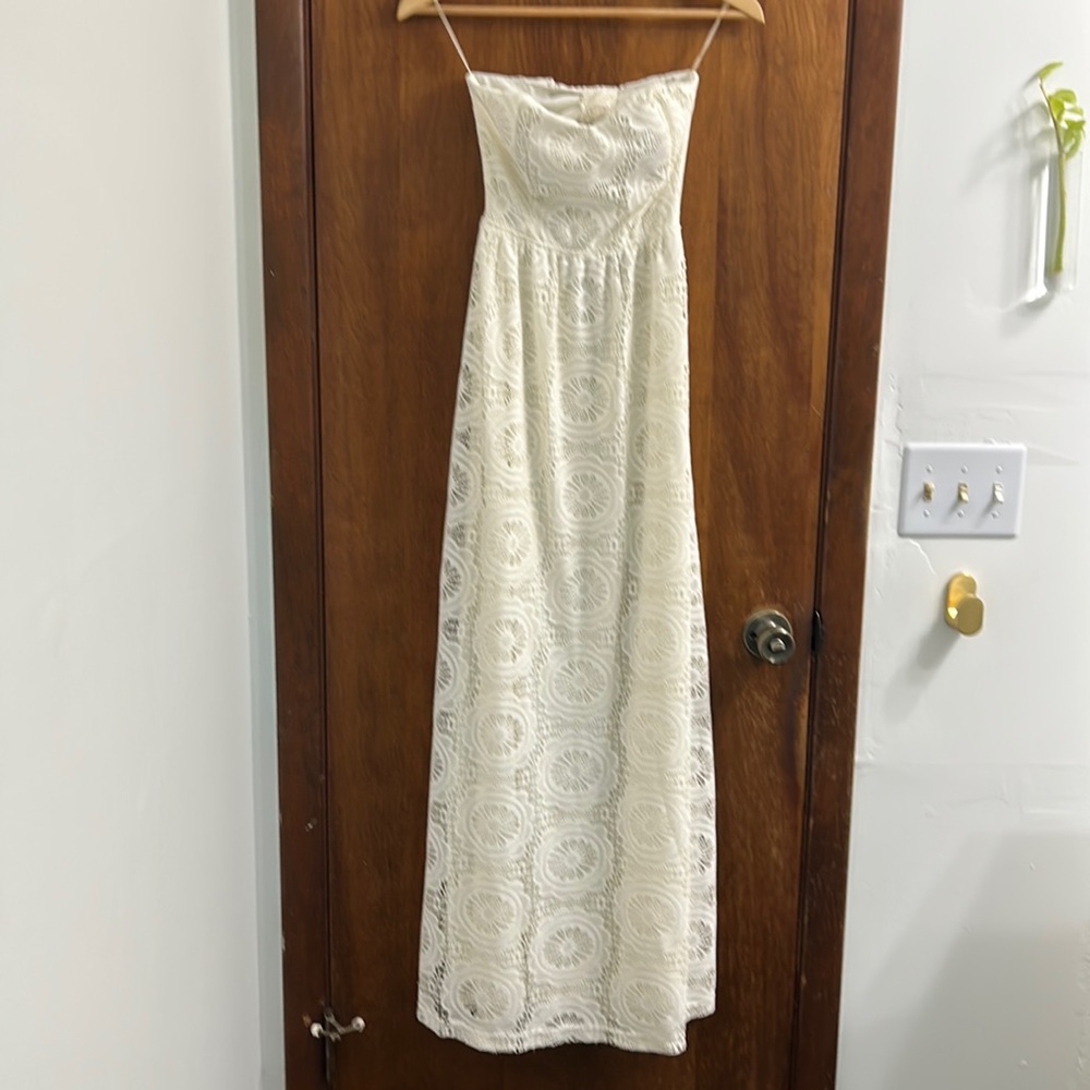Cream strapless crochet lace dress with open back